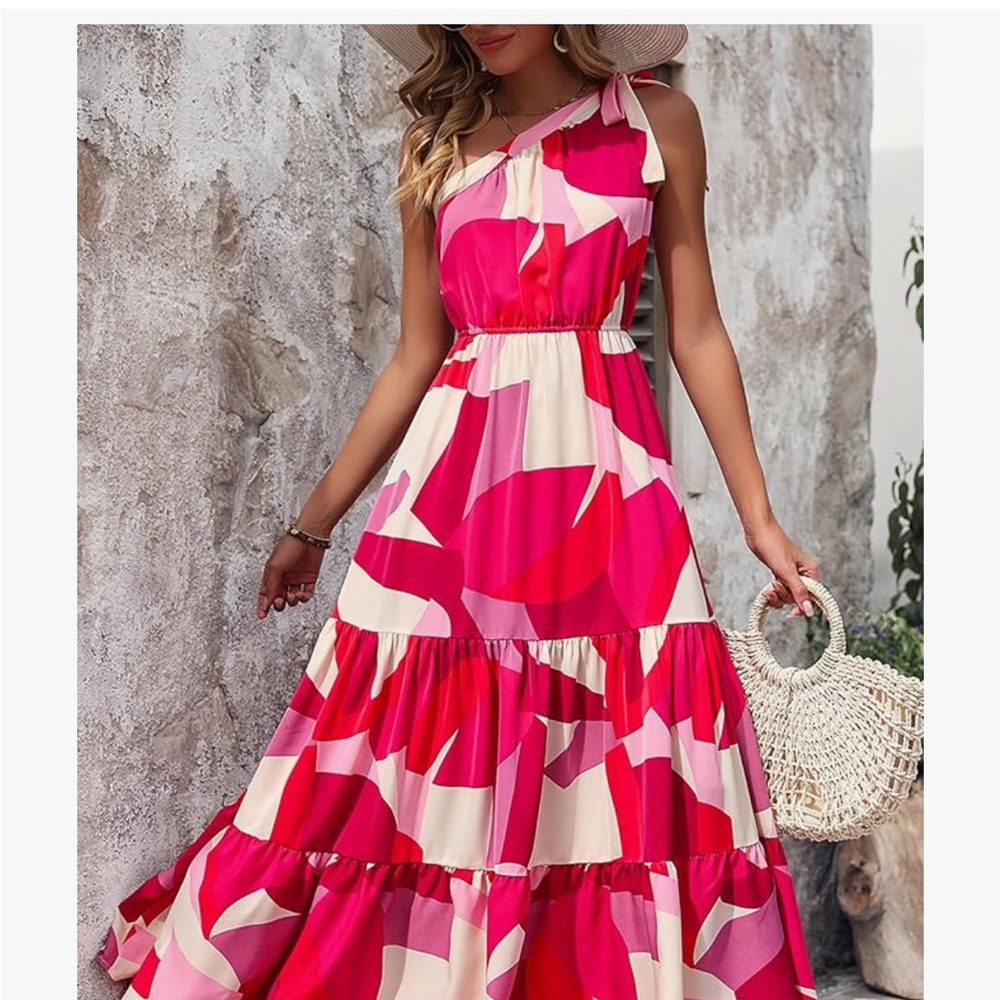 EUC Size S One-Shoulder Maxi Dress in Bold Fuchsia Pink Print